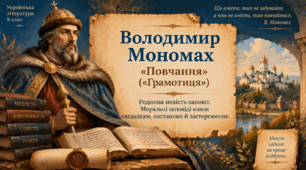 Володимир Мономах. «Повчання» («Грамотиця»).  Родинна повість-заповіт. Моральні заповіді князя  нащадкам, настанови й застереження.