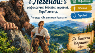 Легенди: міфологічні, біблійні, героїчні. Герої легенд. Зміст і жанрові особливості народних легенд. Легенда «Як виникли Карпати». Аналіз твору. 5 клас. НУШ.