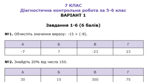 7 КЛАС АЛГЕБРА ДІАГНОСТИЧНА РОБОТА ЗА 5-6 КЛАС