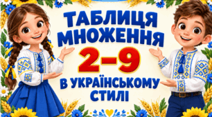 Таблиця множення 2–9 у українському стилі — яскраві картки А4 для оформлення класу