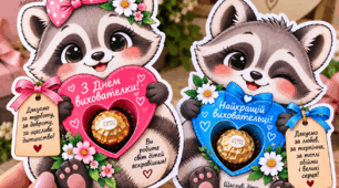 🦝 Листівки-єнотики до Дня вихователя «Солодке вітання» 💗💙