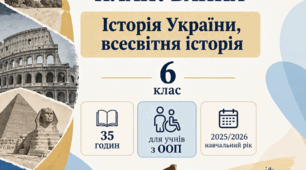 Календарно-тематичне планування "Історія України, всесвітня історія", 6 клас НУШ, для учнів з ООП, 4-5 рівень підтримки, 1 година на тиждень, за підручником Олександра та Ольги Гісем.