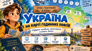 "Україна на карті годинних поясів" презентація, робочий аркуш та картки до уроку у 8 класі