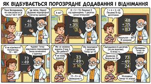 Навчальний комікс-пояснення "Як відбувається порозрядне додавання і віднімання"