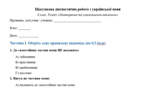 Підсумкова діагностична робота з української мови 8 клас Розділ «Повторення та узагальнення вивченого» (самостійні й службові частини мови; дієслово та його форми; розряди й правопис прислівників; правопис службових частин мови; граматичні помилки)