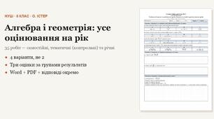 Алгебра і геометрія 8 клас НУШ (Істер) · УСЕ оцінювання на рік — 35 робіт — самостійні, підсумкові тематичні (контрольні), річні за групами результатів · 4 варіанти з відповідями