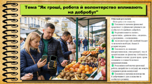 Як гроші, робота й волонтерство впливають на добробут. Здоров'я, безпека та добробут. 9 клас (НУШ). За підручником авторів Гущина Н. та інші.