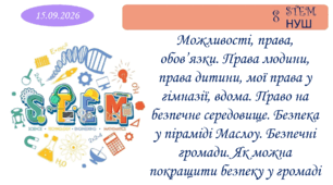 Можливості, права, обов'язки. Права людини, права дитини, мої права у гімназії, вдома. Право на безпечне середовище. Безпека у піраміді Маслоу. Безпечні громади. Як можна покращити безпеку у громаді