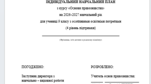 Індивідуальна програма розвитку з основ правознавства для 9 класу 1 год/тиждень(ООП, 4 рівень підтримки) Адаптація