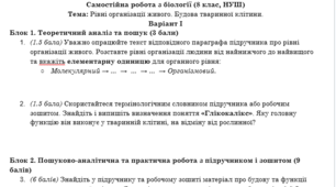 Самостійна робота з біології (8 клас, НУШ) Тема: Рівні організації живого. Будова тваринної клітини.
