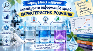 Формування навичок аналізувати інформа-цію щодо характерис-тик розчинів. ХІМІЯ. 9 клас