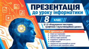 Презентація до уроку інформатики. 8 клас. § 1.2 «Кодування текстових, графічних і мультимедійних даних»