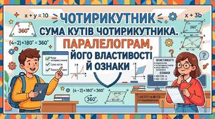 Чотирикутник. Сума кутів чотирикутника. Паралелограм, його властивості й ознаки