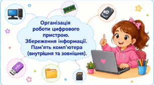 Організація роботи цифрового пристрою.   Збереження інформації. Пам'ять комп’ютера (внутрішня та зовнішня).