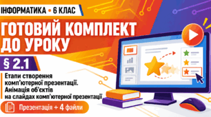 Готовий комплект до уроку інформатики. 6 клас. § 2.1 «Етапи створення комп’ютерної презентації. Анімація об’єктів на слайдах комп’ютерної презентації»