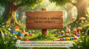 Презентація+конспект заняття "В гостях у зайчика. Число та цифра 2". Логіко-математичний розвиток. Середня група. Вересень.