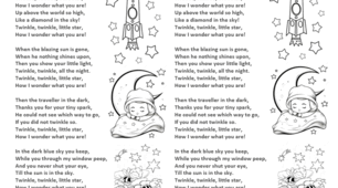 Картка для читання та творчості. Вірш "Twinkle, Twinkle, Little Star" з елементами розмальовки.
