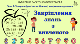 Тема 2. ЧОТИРИЦИФРОВІ ЧИСЛА. ОДИНИЦІ ВИМІРЮВАННЯ ДОВЖИНИ. Урок 16. Закріплення знань з вивченого. № 140 - 149, ст. 29 - 30, (№ 148 - 158, ст. 28 - 30). (Ч. І).
