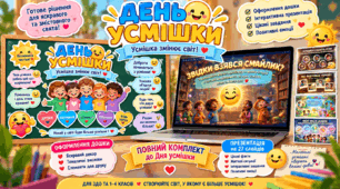😊 День усмішки — ГОТОВИЙ КОМПЛЕКТ | Оформлення дошки + інтерактивна презентація «Звідки взявся смайлик?» (27 слайдів) | ЗДО, НУШ
