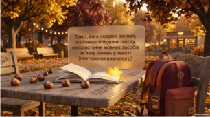 Текст, його основні ознаки, особливості будови тексту, використання мовних засобів зв’язку речень у тексті (повторення вивченого)