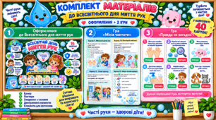 «Всесвітній день миття рук — 15 жовтня» 💧 | Комплект матеріалів «Чисті руки — здорові діти!» | Оформлення дошки + 2 гри | 40 карток