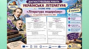 Діагностувальна робота з української літератури для 9 класу НУШ «Література модернізму». Підручник:Т. Яценко та ін., 2026