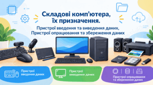 Складові комп’ютера, їх призначення. Пристрої введення, виведення, опрацювання та збереження даних