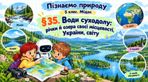 Води суходолу: річки й озера своєї місцевості, України, світу. Презентація, інфографіка, робочий аркуш