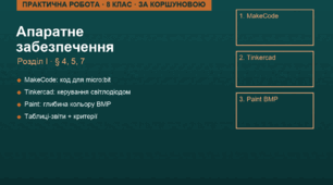 FREE. Практична робота з інформатики. 8 клас (за Коршуновою). "Дослідження апаратного забезпечення та мікрокомп'ютерів" (MakeCode, Tinkercad, Paint)