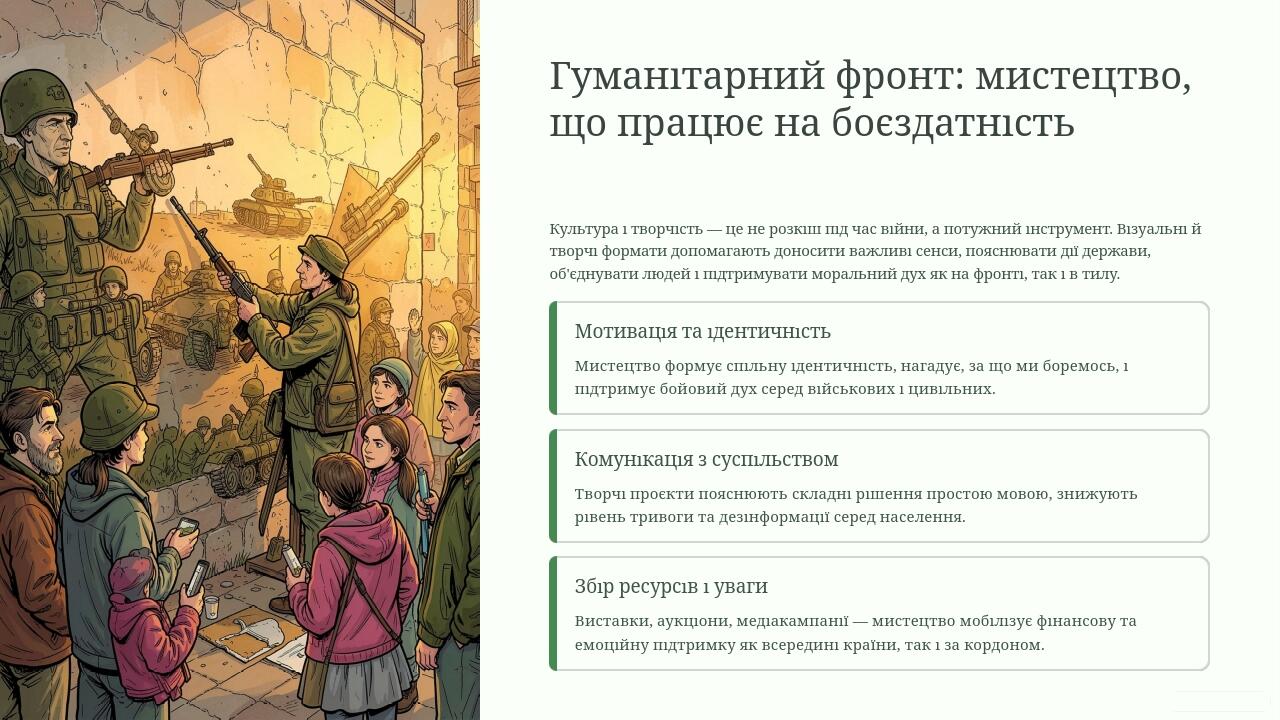 Гуманітарний фронт: мистецтво, що працює на боєздатність Культура і творчість — це не розкіш під час війни, а потужний інструмент. Візуальні й твор...