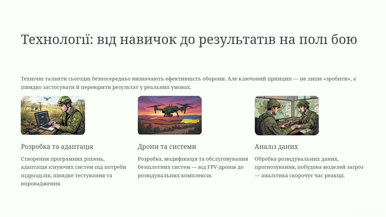 Технології: від навичок до результатів на полі бою Технічні таланти сьогодні безпосередньо визначають ефективність оборони. Але ключовий принцип — ...