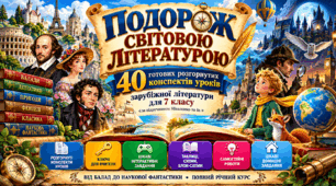 «ПОДОРОЖ СВІТОВОЮ ЛІТЕРАТУРОЮ: 40 готових розгорнутих конспектів уроків зарубіжної літератури для 7 класу» — повний річний курс за підручником Ніколенко та ін.  з ключами, іграми та кольоровим оформленням)