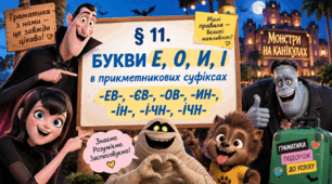 Букви е, о, и в прикметникових суфіксах -ев- (-єв-), -ов-, -ин-,-ін-, -ичн-.