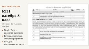 КТП з алгебри 8 клас на 88 годин (2,5 год на тиждень) за Істером
