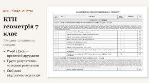КТП з геометрії 7 клас на 70 годин (2 год на тиждень) за Істером