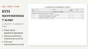 КТП математика 7 клас — алгебра 88 і геометрія 70 годин на рік (2,5 + 2 на тиждень) за Істером