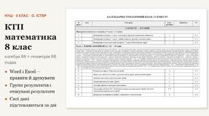 КТП математика 8 клас — алгебра 88 і геометрія 88 годин на рік (2,5 + 2,5 на тиждень) за Істером
