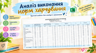 Автоматизований Excel-табель: Аналіз виконання норм харчування (Постанова КМУ № 305) на 4 тижні (місяць)