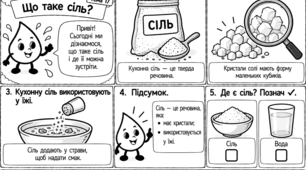 «КРАПЕЛЬКА ВІДКРИВАЄ ХІМІЮ» Авторська серія модифікованих навчальних коміксів з хімії для учнів 7 класу з ООП  Тема 17. «Що таке сіль?»