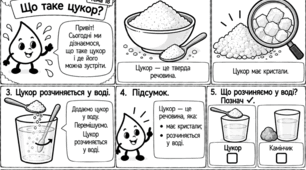 «КРАПЕЛЬКА ВІДКРИВАЄ ХІМІЮ» Авторська серія модифікованих навчальних коміксів з хімії для учнів 7 класу з ООП  Тема 18. «Що таке цукор?»