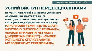 9 НУШ Усний виступ перед однолітками на теми, пов’язані з умовами успішного спілкування, протистоянням маніпулятивним впливам, правилами спілкування (теми: «Як не стати жертвою "нечесної" реклами» «Базові принципи нетикету» «Умови спілкування»