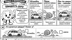 «ЯК ЦЕ ПРАЦЮЄ? ФІЗИКА З ФОТОНЧИКОМ». Авторська серія модифікованих навчальних коміксів з фізики для учнів 7 класу з ООП. Тема 7 «Швидкість руху»