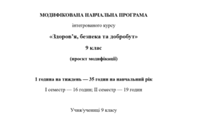 Модифікована навчальна програма інтегрованого курсу «Здоров’я, безпека та добробут» (9 клас, 35 годин, 1 год. на тиждень) До підр. авт. Воронцова Т.