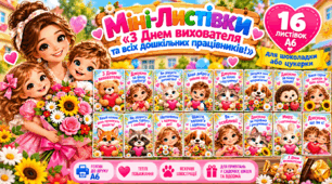 Міні-листівки «З днем ​​вихователя та всіх дошкільних працівників!» для шоколадки або цукерки в форматі А6