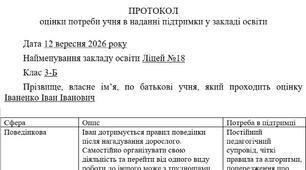Готовий заповнений приклад Протокол оцінки потреби учня в наданні підтримки у закладі освіти (Додаток 2)