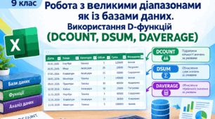 Робота з великими діапазонами як із базами даних. Використання D-функцій (DCOUNT, DSUM, DAVERAGE)