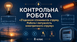 Тематична контрольна робота №5 з фізики (8 клас, НУШ) | З’єднання споживачів струму. Робота і потужність електричного струму | з відповідями та детальними розв’язками