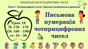 Тема 2. ЧОТИРИЦИФРОВІ ЧИСЛА. ОДИНИЦІ ВИМІРЮВАННЯ ДОВЖИНИ. Урок 19. Письмова нумерація чотирицифрових чисел. № 170 - 179 (№ 180 - 190), ст. 34 - 36. (Ч. І).