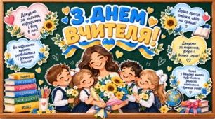 «З Днем вчителя!» 💐 | Безкоштовне святкове оформлення дошки до Дня вчителя | Подяки, побажання та яскравий декор