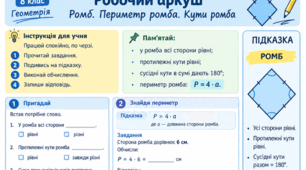 Комплект з робочих аркушів з геометрії для 8 класу  на тему "Ромб" (+для учня з  ООП)
